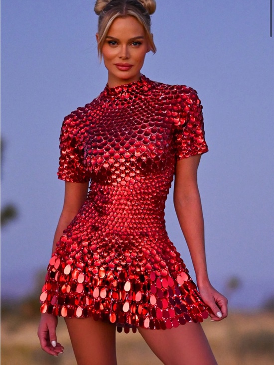 Born In Stockholm Dresses & Skirts - Born in Stockholm Red Sequined Short Sleeve Mini Dress
